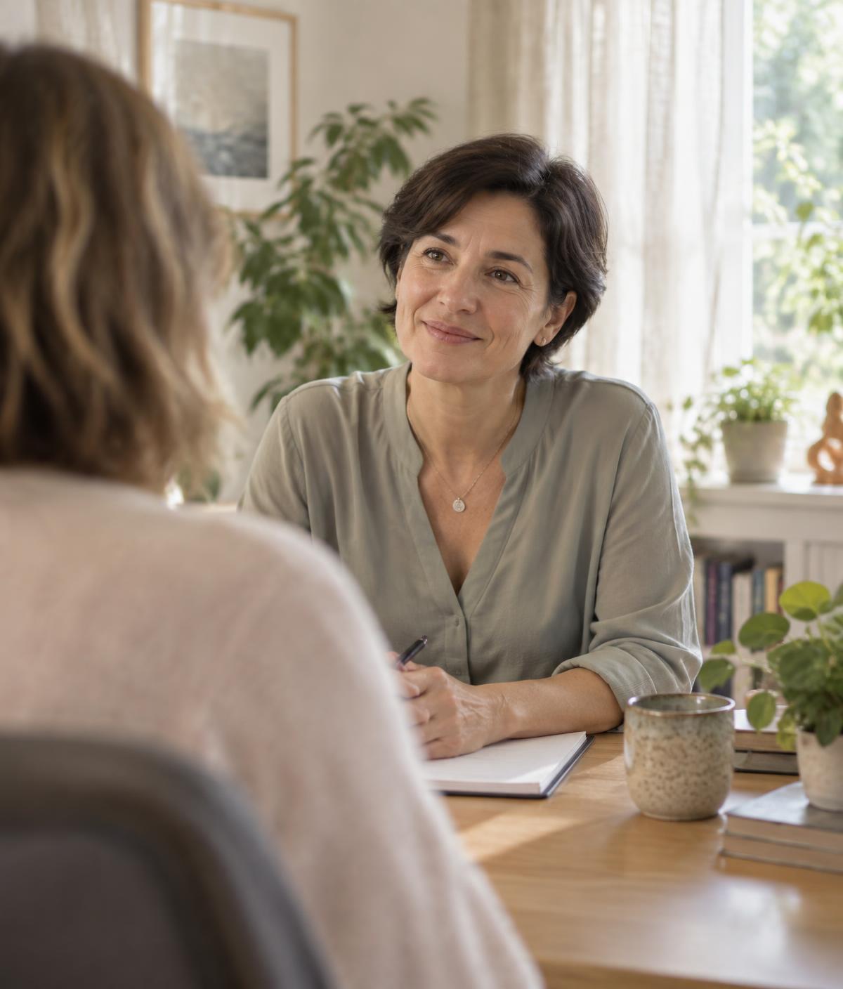 Een arts spreekt met een patiënt in een rustige spreekkamer met planten