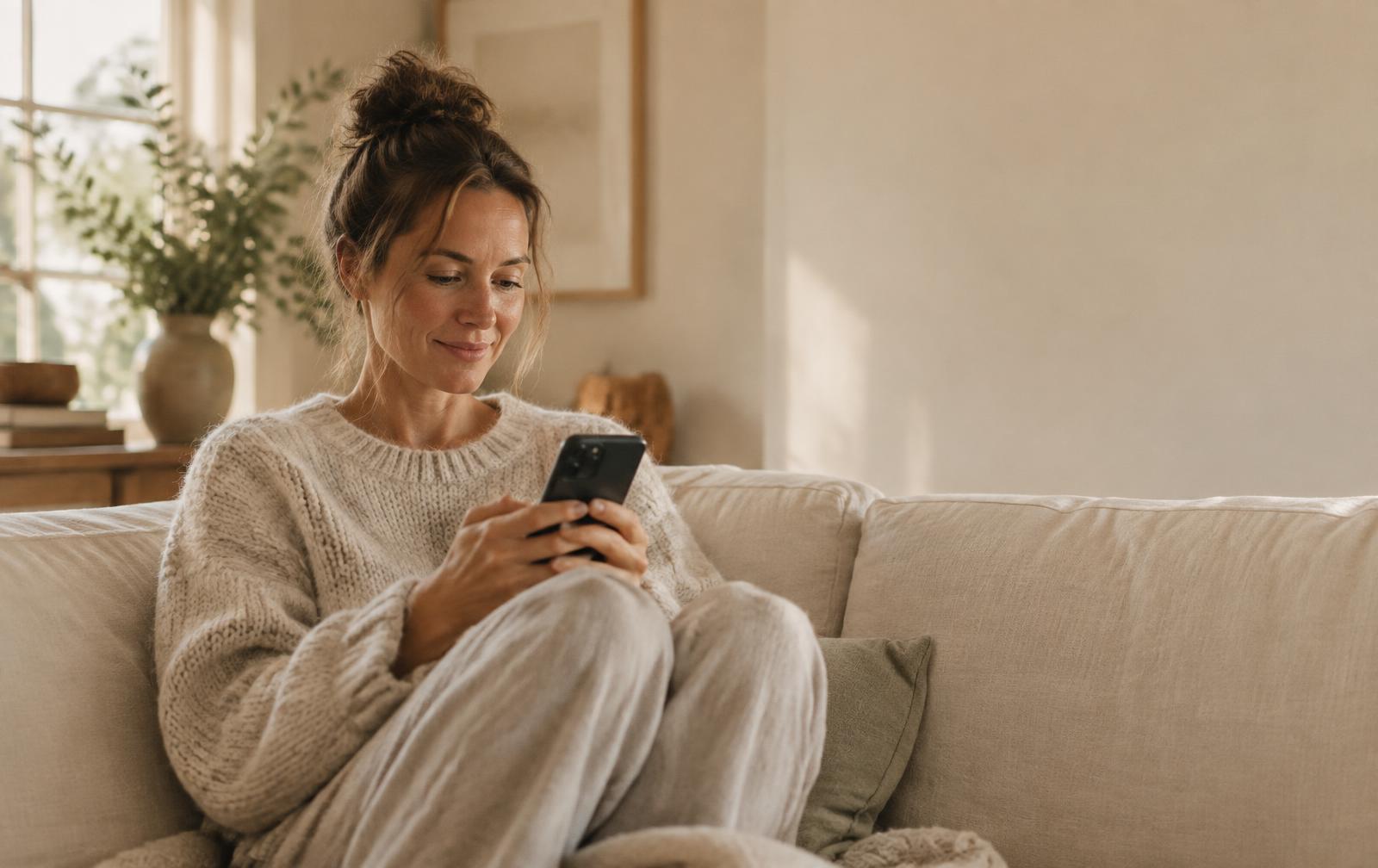 Een vrouw ontspant thuis op de bank en kijkt op haar telefoon