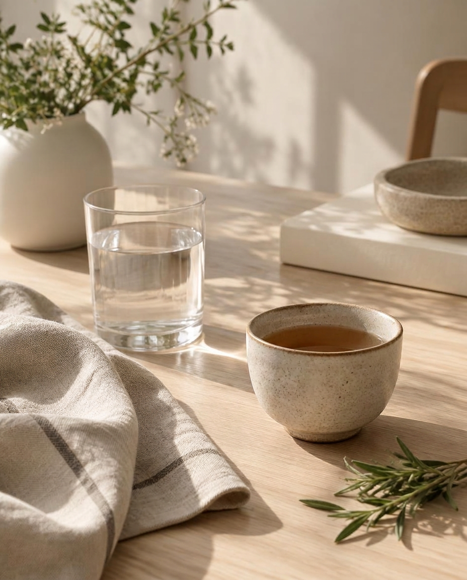 Een glas water, een kopje thee en verse kruiden op een lichte houten tafel in zacht daglicht